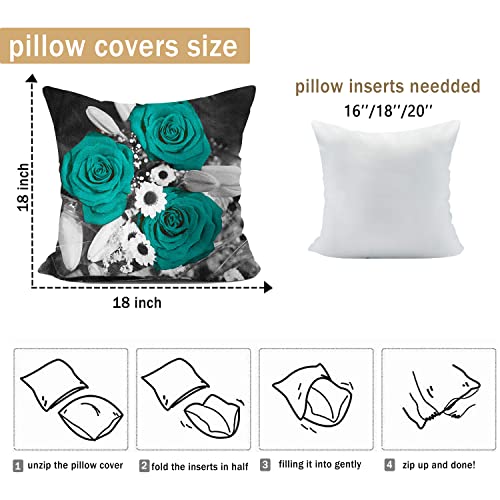 Hsinya Floral Throw Pillow Covers Teal Gray Black Decorative Pillow Covers Turquoise Accent Living Room Couch Bed Outdoor Pillow Covers Teal Rose Flower Linen Spring Summer Pillow Cases 18X18 Set Of 4 #TOP6