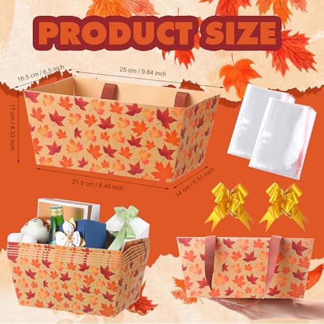 12 Pcs Fall Basket for Gifts Empty 9.8 x 6.5'' Maple Leaves Gift Basket Empty to Fill with Handles, Bows, Plastic Bags and Twist Ties for Autumn Thanksgiving Party Favor Supplies