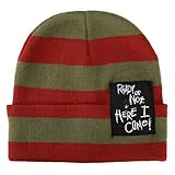 Nightmare On Elm Street Ready Or Not Here I Come Woven Label Striped Cuffed Beanie Green