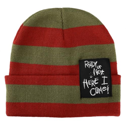 Nightmare On Elm Street Ready Or Not Here I Come Woven Label Striped Cuffed Beanie Green
