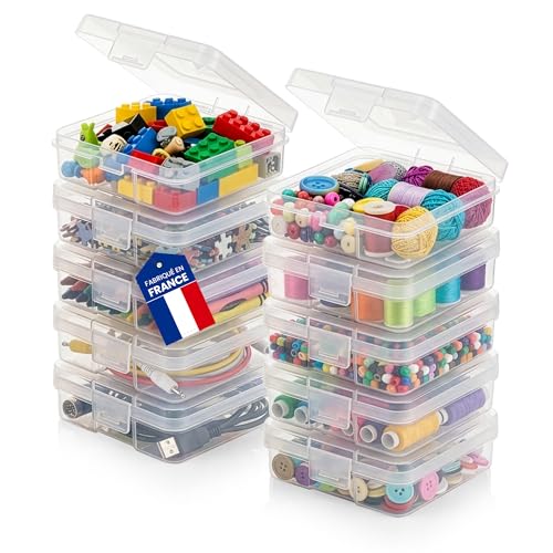 Iris Ohyama, Petite Boite de Rangement avec Couvercle Rabattable, Plastique, 0.4L, Set de 10, Transparent, Empilable, Fermeture à Clip, Pour Puzzle, Lego, Vis, Crayon...