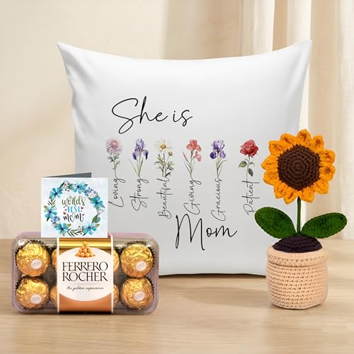 Image of TIED RIBBONS Gift for Mom, Birthday Gift for Mom Gift Set Women Wife Mother in Law Mummy | Artificial Flower with Pot | Printed Cushion with Filler (12 X 12 Inch) | Chocolate Gifts Pack | Card