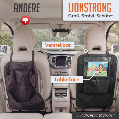 LIONSTRONG® Auto Organizer Kinder Rücksitz schwarz [WASSERDICHT] - Rückenlehnenschutz Auto Kinder universell kompatibel - Autositz Organizer - Sitzschutz Rückenlehne - Tablet-Fach