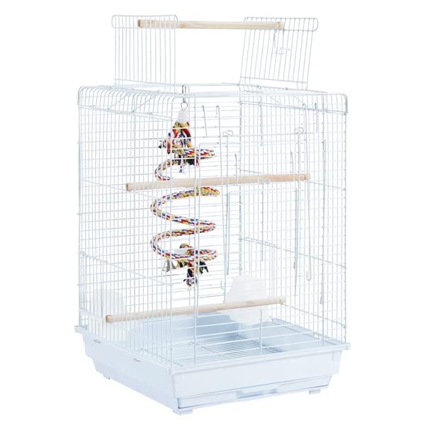 Abician Cage à Oiseaux en Métal pour Petits Oiseaux, Cage à Perruches avec Jouet, Corde à Clochette, 3 Perchoirs, 2 Mangeoirs, 1 Toit Ouvert 40 x 40 x 58 cm Blanc