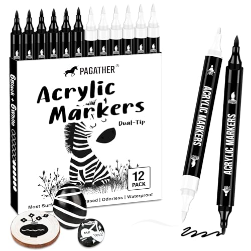 Pagather Black and White Acrylic Paint Markers 12 Pack Dual Tip with Fine Tip and Brush Tip Pens for Stone Wood Calligraphy Canvas Ceramic Metal Glass Rock Painting DIY Crafts