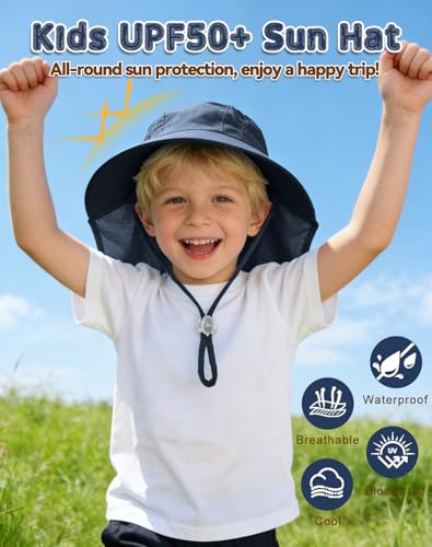 Image of Rosoz Kids Sun Hat with Neck Flap UV Protection Summer Toddler Beach Hat Unisex Ponytail Hat Wide Brim Fishing Hat