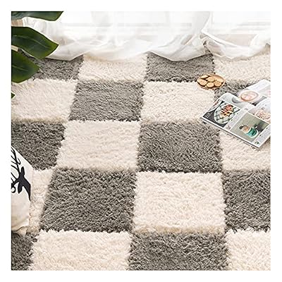 16Pcs Interlocking Foam Carpet,Shaggy Soft Foam Play Mat,Fluffy Area Rugs,Square Plush Puzzle Floor Tiles,Crawling Mats for Living Room Bedroom,12X12inch,Beige+Grey
