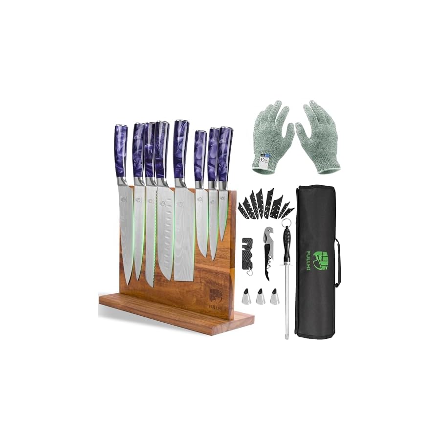 FULLHI Knife Set with Magnetic Knife Block Holder,15pcs Japanese Knife Set, German Stainless Steel Kitchen Knife Set