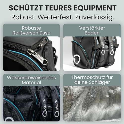 Otaro Tennistasche 82L | Tennisschläger Tasche für 4 Schläger mit Thermofach, Schuhfach & Kühlfach | 3-in-1 Tragesystem | Laptopfach & viele Fächer | Wasserabweisende Tennis Tasche (Schwarz Blau)
