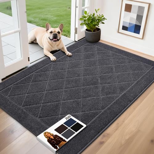 JSEI Dirt Trapper Door Mat 32"x48", Non-Slip Washable Entryway Mats, Dog Door Mat, Stain Resistant and Absorbent Floor Mats, Low Profile Welcome Mat for Front Back Door, Dark Grey
