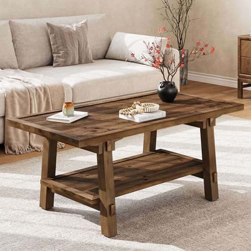 TRIBEWOOD Solid Wood Coffee Table, 47-Inch Rustic Coffee Table for