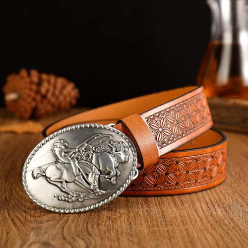 Image of Mastyle Men's Leather Belt with Horse Design Buckle - Adjustable Waist Strap for Jeans and Casual Wear