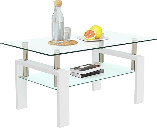 DKLGG Mesa de centro de cristal mesa central rectangular con estante inferior mesa de centro blanca moderna de 2 niveles con patas de tubo de metal