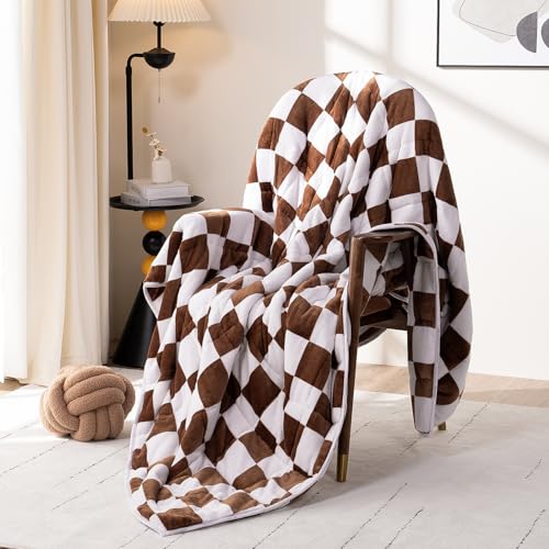Wemore Flannel Fleece Weighted Blanket for Adult Twin Size 15 lbs, Dual Sided Luxurious Checkerboard Grid Heavy Blankets, Ultra Soft Throw Blanket, Plaid Khaki, 48 x 72 inches