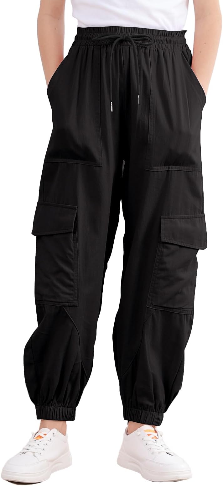 Girls Cargo Pants Elastic Waist Casual Jogger Pants for Girls Streetwear Loose Parachute with Pockets 7-14Years