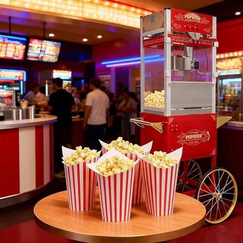 Image of Commercial Popcorn Maker Machine - 26OZ Stainless Steel Kettle Cart, Vintage Movie Theater Style Popper for Home, Parties, Christmas & Events - Red