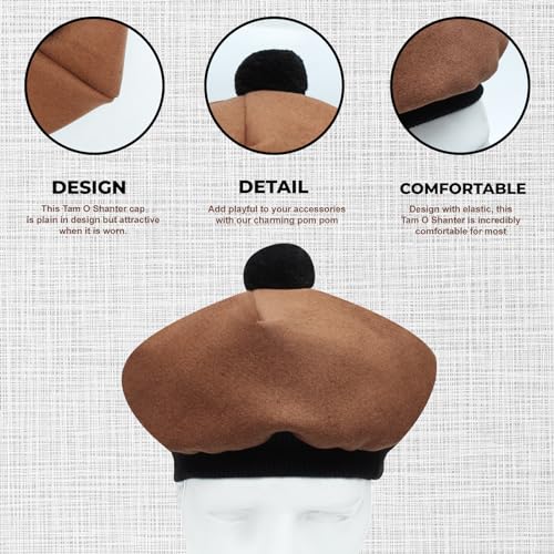 Image of Scottish Tam O' Shanter Hat Tartan Bonnet Pom Pom Wool Flat Cap One Size