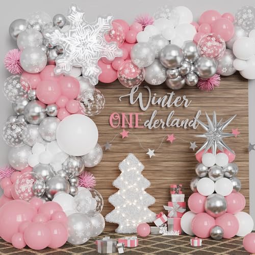 Pink Winter Wonderland Balloon Garland Arch Kit Pink White Metallic Silver With Large Snowflake Balloon for Christmas Princess Girl A Little Snowflake is on The Way Baby Shower Birthday Party Decor