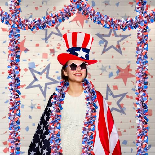 Image of 33FT 4th of July Patriotic Tinsel Garland Red White Blue Glitter Metallic Twist Foil Tinsel Garland for Independence Day Memorial Day Party Door Tree Indoor Outdoor Decoration
