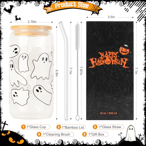 KMCCUMBER Halloween Ghost Fall Glass Cup with Lids and Straws, 16oz Ghost Fall Mug, Iced Coffee Glass Tumbler, Goth Gifts for Women Teens Stuff — view 6