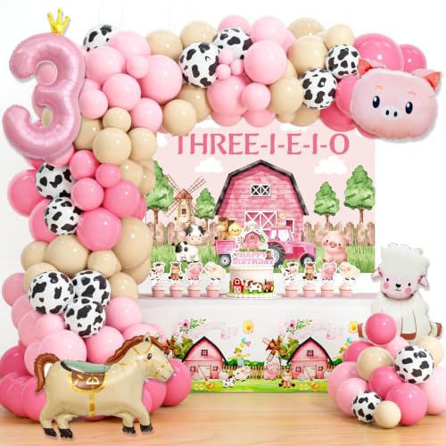 Hombae Pink Farm Birthday Decorations, Party Decorations, Farm 3rd Birthday Party Decorations with Three I E I O Backdrop, Animal Foil Balloon, Cake Topper for Girls 3 Year Old Birthday