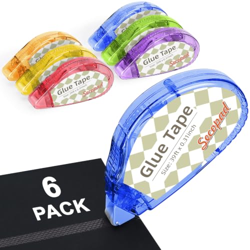 Image of Secopad Scrapbook Tape, 0.3IN x 39FT Double Sided Tape Roller for Crafts, Adhesive Glue Runner Scrapbooking Supplies Journaling School Office Supplies for Kids and Adults, 6 Pack, Bright-Color Shell