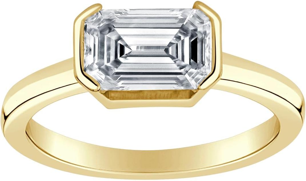 Diamond Wish IGI Certified 1 to 2 Carat Emerald Cut Lab Grown Diamond Half Bezel Solitaire Engagement Ring for Women in 14k Gold (H-I, VS-SI, cttw) Anniversary Promise Wedding Ring Size 4 to 9