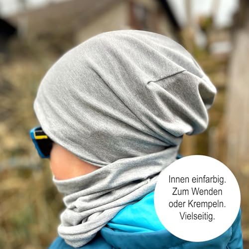 Wollhuhn ÖKO Long-Beanie, Wende-Mütze, ganzjährig, Cool Stuff dunkelgrau, Innenseite Uni grau, Jungen und Mädchen (aus Öko-Stoffen, Bio), 20170308, Größe M: KU 52/54 (ca 3-7 Jahre)
