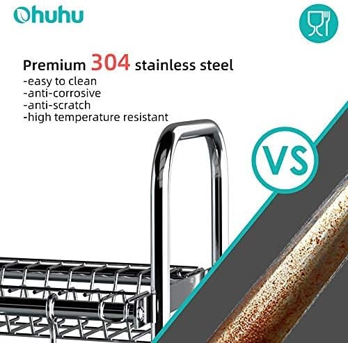Ohuhu Over The Sink Dish Drying Rack, Height Adjustable 304 Stainless Steel Large Kitchen Storage Dish Rack Drainer with Utensil Holder & 10 Utility Hooks for Counter Sink
