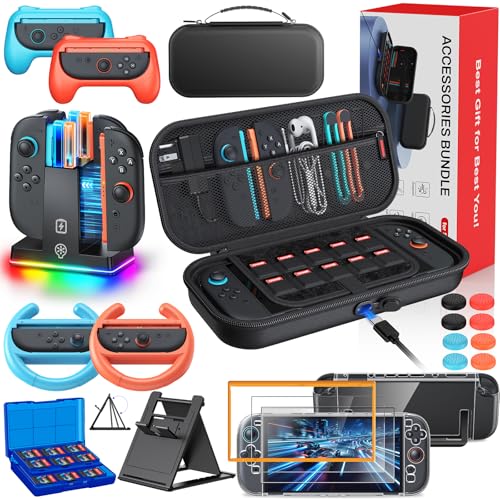 Image of Auarte [Charge Inside] Switch 2 Carrying Case for Nintendo Switch 2 Console 2025 / Switch Original /Switch OLED, Slim Travel Carry Case for Switch 2 Accessories Bundle with Controller and Hand Grip (Black- 23 in 1)