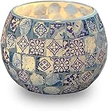 Paquete: 1 portavelas. DaoRier - Portavelas de Cristal con diseño de Mosaico, romántico y Creativo candelabro para decoración de Mesa (Azul y Blanco, 1 Unidad)