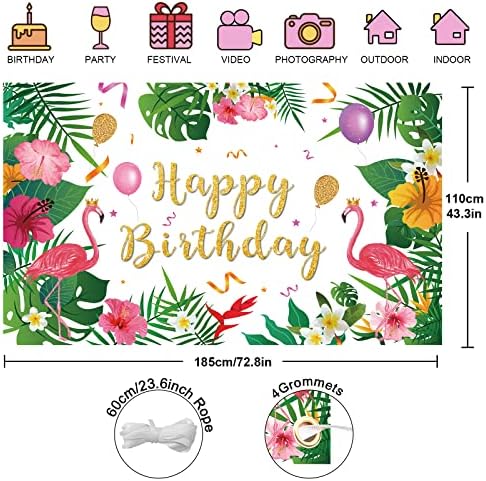 Happy Birthday Banner Flamingo Party Birthday Decoration - Summer Tropical Hawaiian Party Decorations Photography Backdrop Aloha Luau Birthday Party Supplies for Children Women Men, 72.8 x 43.3 Inch