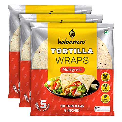 Image of Habanero Tortilla Wraps| multigrain | 8 Inches l Pack of 3| Goodness of multigrain, Ragi, oats, Barley and Maize flour| Fresh Taste & Soft Texture l Best for Burrito, Wraps, Tacos, Samosas, Shawarmas and Rolls l Ready to Eat Healthy Food in 60 Seconds l On the Go l Enjoy our multigrain tortilla wraps with mozzarella cheese or butter|990G