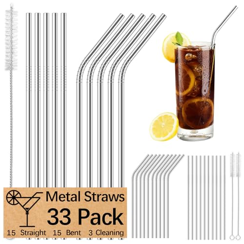 33 Pack Reusable Metal Straws with Cleaning Brushes