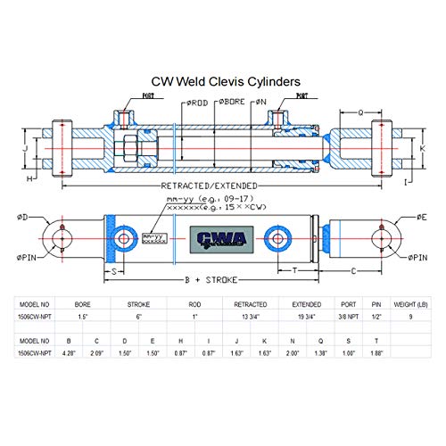 Image of CW Weld Clevis Cylinder 1 1 /2 inch Bore x 6 inch Stroke x 1 inch Rod x 3 /8 NPT Port x 3000 PSI