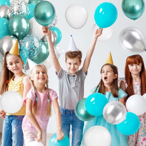 Image of Teal White Balloon Set, 60PCS Blue Silver Birthday Balloons, 12 Inch Teal Green Latex Balloon Turquoise Metallic Silver Confetti Balloons for Birthday Party Baby Shower Wedding Decorations