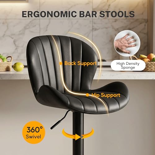Image of HealSmart Bar Stools Set of 2, Adjustable Counter Height Swivel Stools, Modern Fabric Upholstered Bar Chairs with Backrest for Kitchen Island, Home Bar & Dining Area, Black