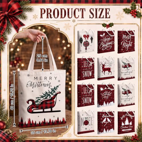 Image of Paterr 12 Pcs Christmas Canvas Tote Bags Bulk Reusable Red Black Buffalo Plaid Christmas Gift Bags with Handles Xmas Tree Reindeer Truck Canvas Handbags for Women Xmas Gifts Farmhouse Party Decor