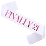 Finally 21' Birthday Sash, Pink Foil White Satin Finally 21st Birthday Sash for Girl 21st Birthday Party Decorations Gifts Favors