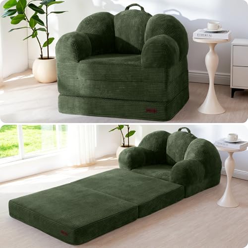 Image of MAXYOYO Folding Sofa Bed, Floral-Shaped Convertible Floor Sofa Couch with Backrest, 2 in 1 Comfy Lounger Bean Bag Chair with Handle, Floor Single Couch for Living Room Bedroom, Dark Green