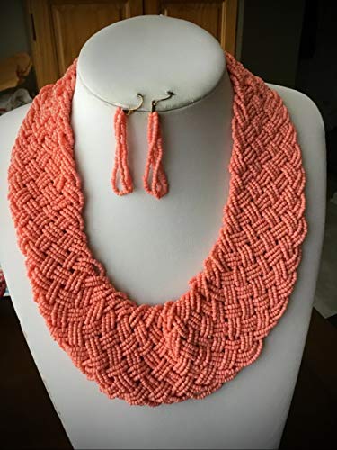 Multi Strand Peach Glass Seed Bead Braided Wide Necklace Earring For Women Statement Chunky Crystal Fashion Jewelry Set