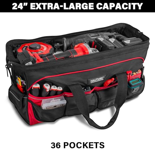 Image of HAUTMEC 24 inch Heavy-Duty Large Tool Bag, 1680D Wear-Resistant Wide Mouth Tool Bag with Metal Frame & Hard Base, 36 Pockets, Level Holder, Anti-Tangle Padded Shoulder Strap - HT0284
