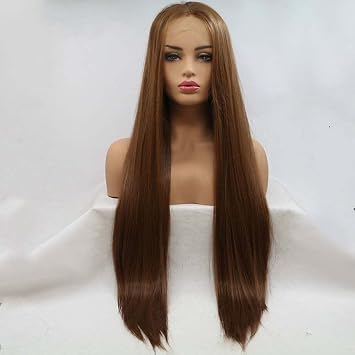 Xiweiya Brown Straight Long Hair Synthetic Lace Front Brown Wigs For Women Middle Parting Heat Resistant Fiber Hair Wigs Natural Hairline Glueless hair Soft Lace