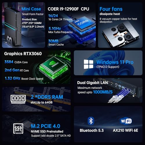 Image of msecore Mini PC i9, Core i9-12900F 16 Cores with Geforce RTX3060 12G, 32G DDR5 RAM 1T PCIE 4.0 SSD Desktop Computer, 2*HDMI, 2*DisplayPort, WiFi 6e, Fit Video Editing, Optical, Windows 11 Pro