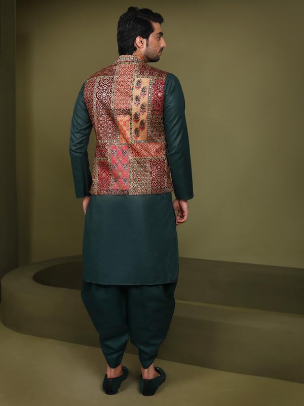 Image of KISAH Men's Navy Blue Printed Cotton Kurta - Regular Fit Long Tunic with Mandarin Collar | Ethnic Wear for Weddings & Festive Occasions