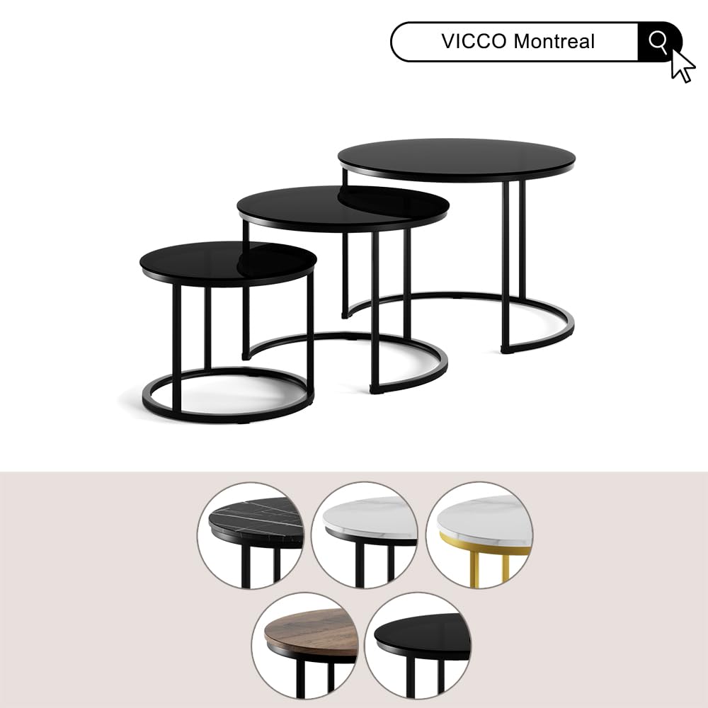 Vicco Set di tavolini da caffè Montreal, Marmo nero, 55 x 55 cm 3 parti, salvaspazio, pieghevole e combinabile in modo versatile