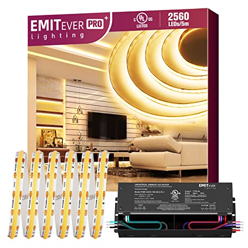Emitever Dimmable Led Driver, 100W AC 110V-277V to DC 24V Transformer, 5-in-1 Dimming: ELV/MLV/TRIAC / 0-10V / 1-10V / 10V PWM/Potentiometer,UL Listed+3000K 16.4ft Strip Lights,2560LEDS/Reel