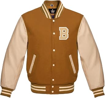 Mens Varsity Baseball Letterman Bomber Tan Brown Wool & Cream Genuine Leather Sleeves B Logo Jacket