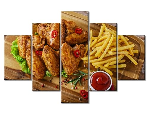 Décoration murale gastronomique ailes de poulet rôties : toile cadre bois 5 panneaux