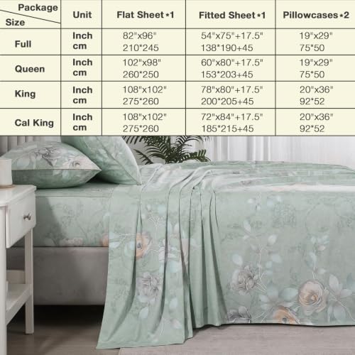Image of Sage Green Floral Percale Sheets California King Deep Pocket, 4Pcs